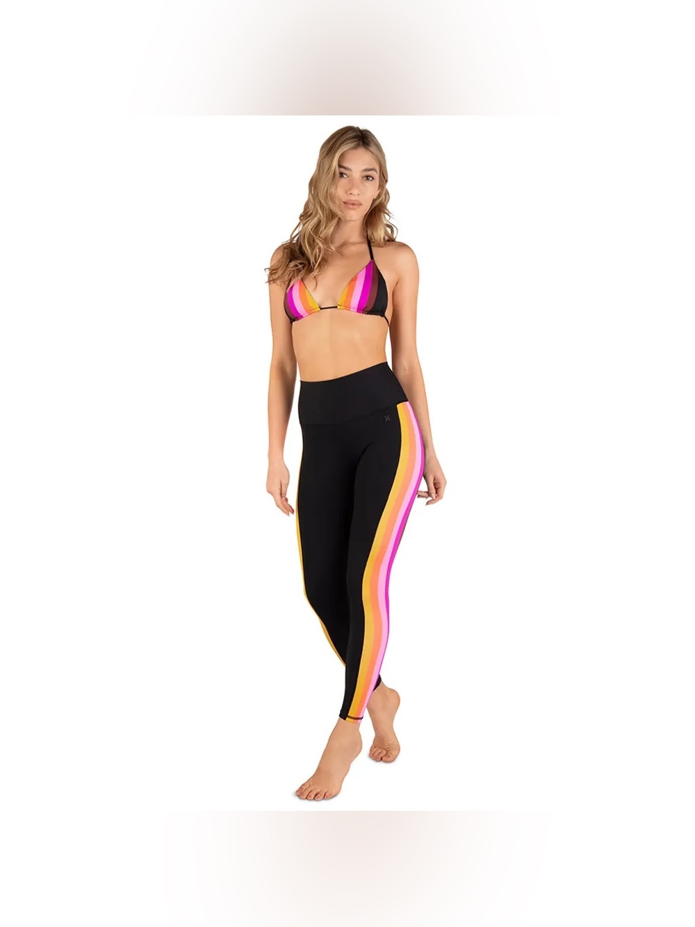 Hurley Black Leggings with Pink, Magenta & Orange Side Stripes